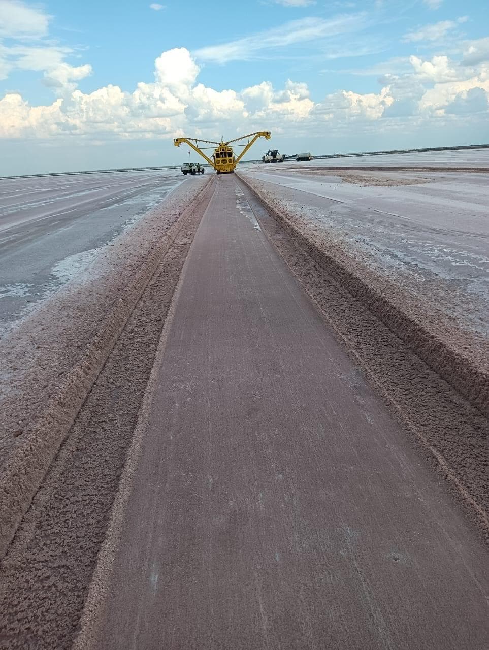 Harvester travelling in a straight line down a cut channel across the salt pan during harvesting trials