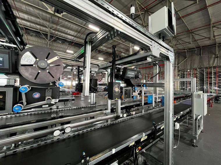 Print and apply printers mounted on a steel gantry over a warehouse conveyor